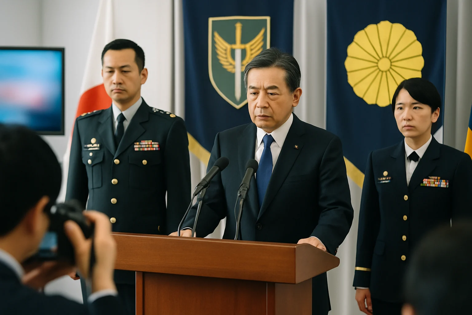 日本防卫省发布武器出口放宽政策新闻发布会现场