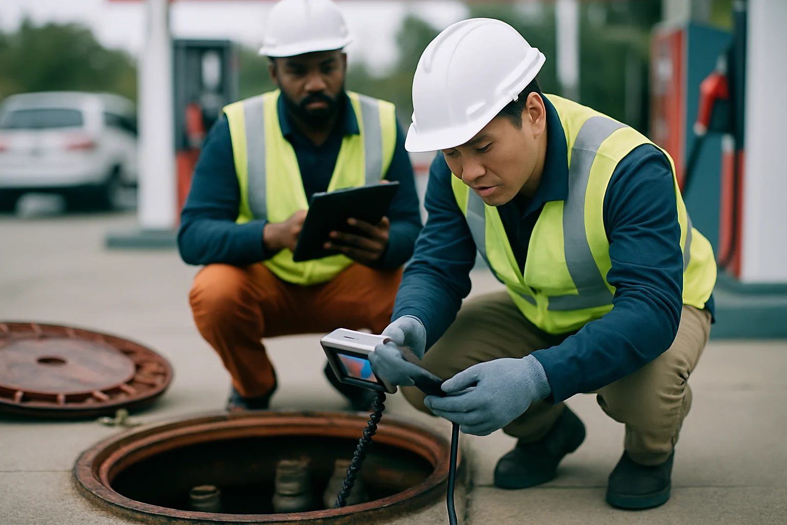 給油後にエンジンルームを確認するドライバーと、ガソリンスタンドの地下タンク点検口のクローズアップ