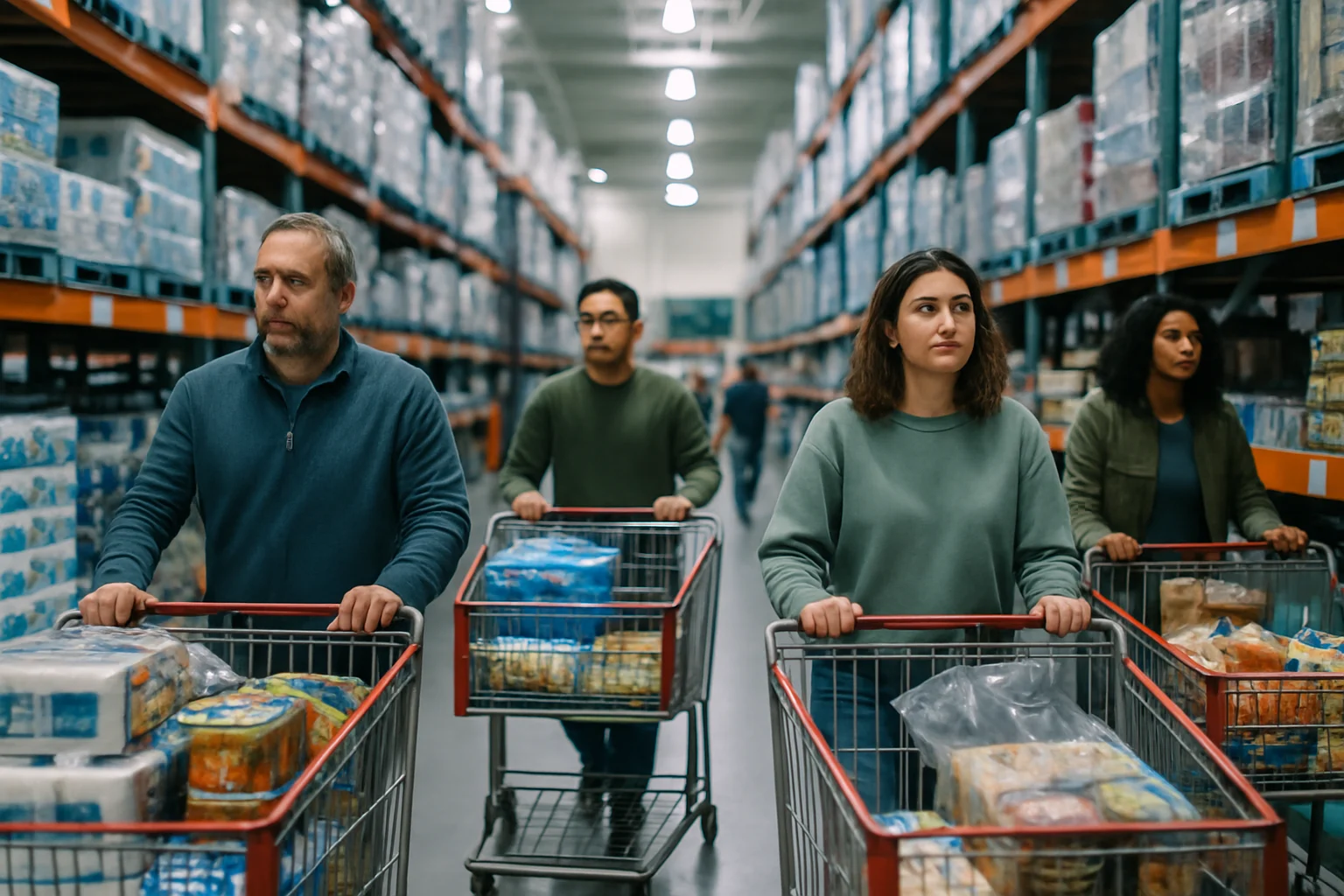 好市多會員推著購物車在寬敞的賣場通道購物