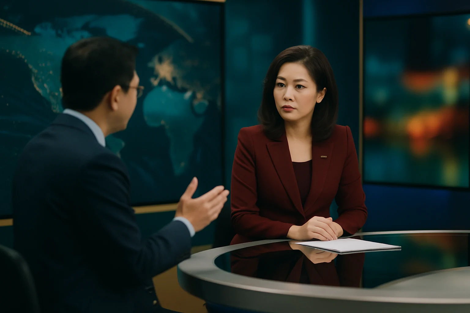 Studio phát sóng chương trình thời sự VTV1 với bàn dẫn chương trình hiện đại