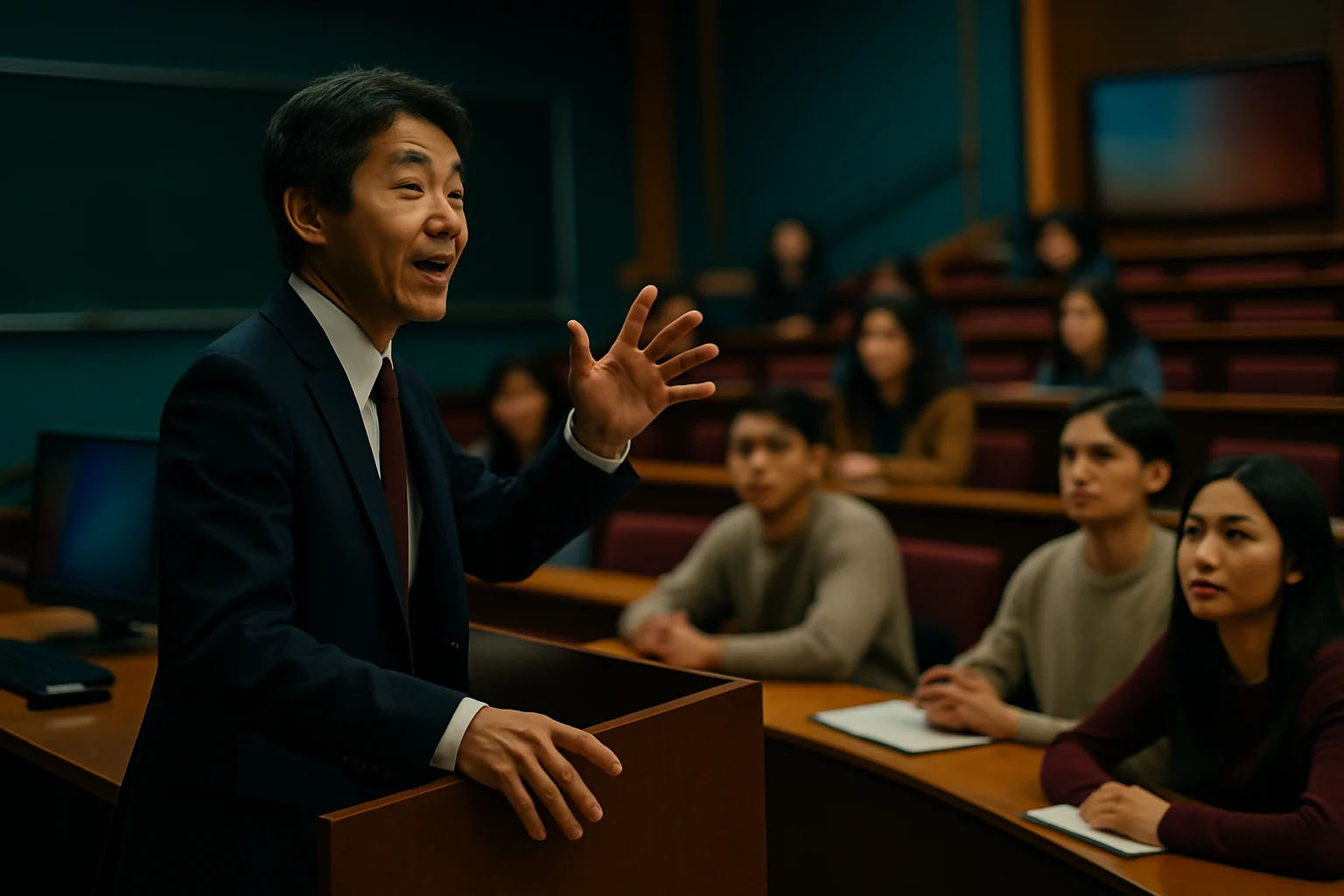 片岡鶴太郎が大学で講演している様子、学生たちが真剣に聞き入っている