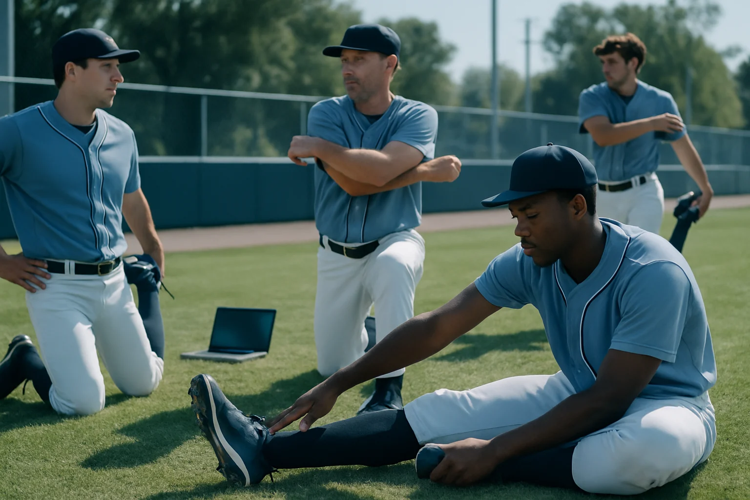 Baseball players stretching and warming up before Royals vs Tigers game showing injury prevention routines