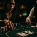 百家樂牌桌莊閒和三種下注區域俯視圖，顯示籌碼擺放位置與路單記錄板