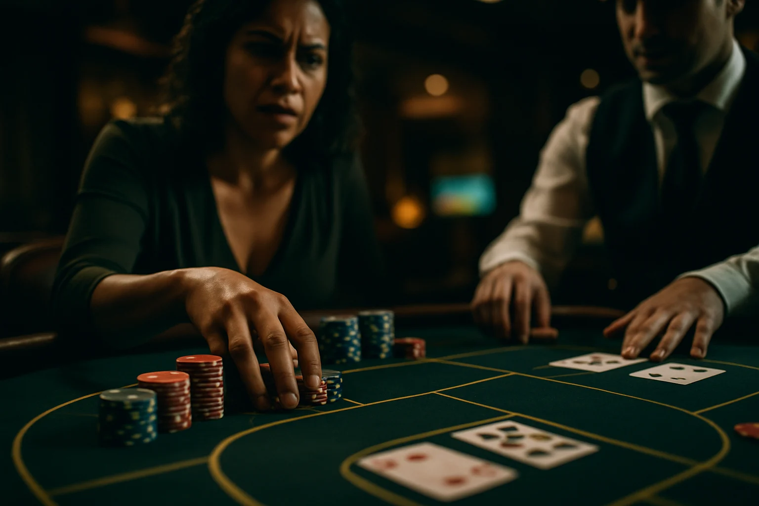 百家樂牌桌莊閒和三種下注區域俯視圖，顯示籌碼擺放位置與路單記錄板