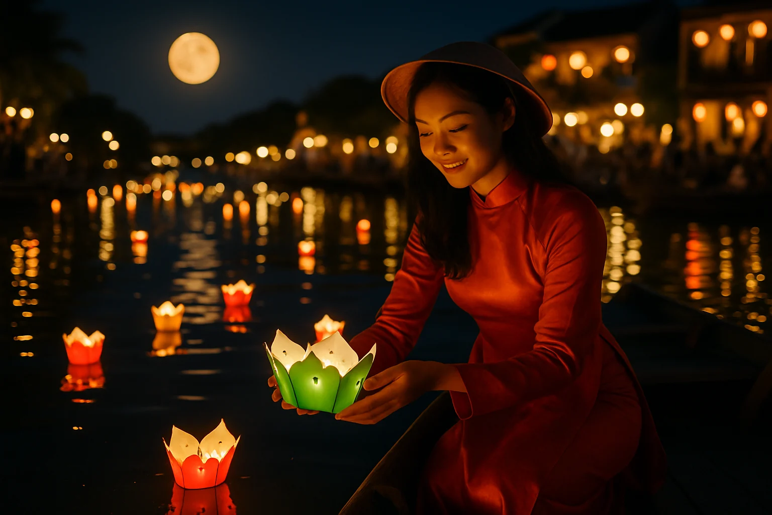 Đèn hoa đăng được thả trên sông trong đêm rằm tháng 2 theo phong tục miền Nam