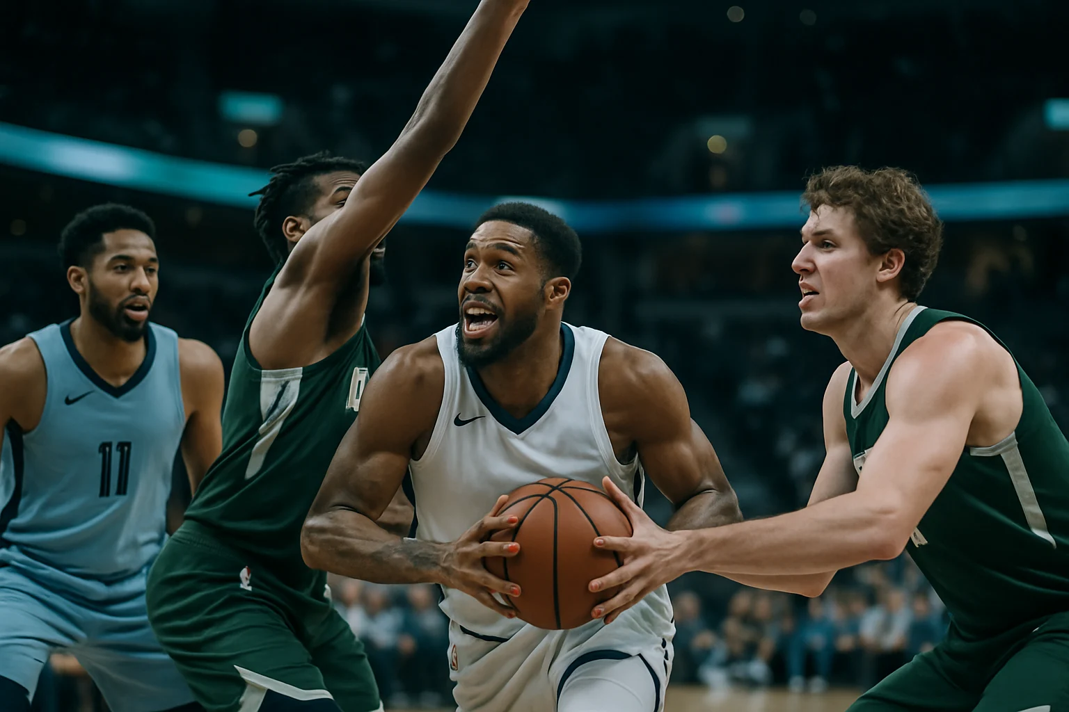 波特蘭拓荒者Jrue Holiday在Moda Center主場NBA季後賽比賽中持球突破