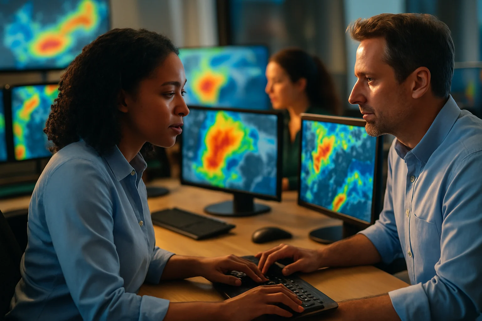 氣象局超級電腦處理衛星雲圖數據的工作畫面