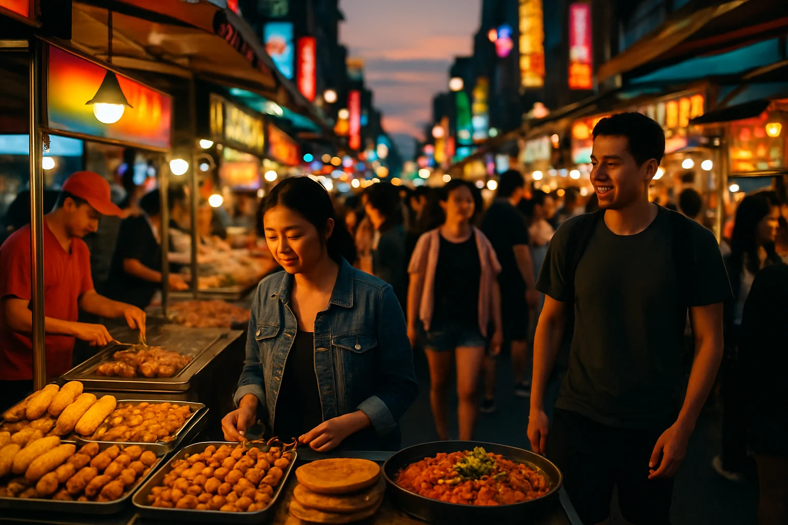 台灣夜市美食小吃攤位熱鬧景象與遊客品嚐美食