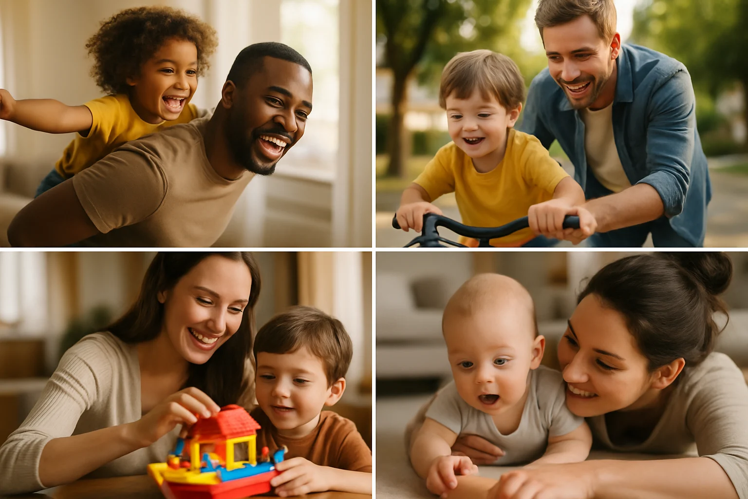 不同年龄段的孩子在家长陪伴下进行各种活动的拼贴图