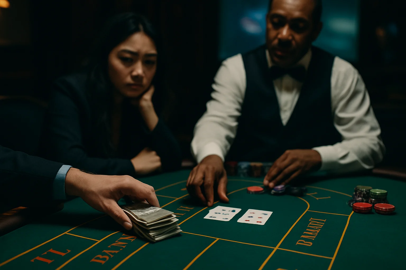 百家樂玩家在牌桌前設定止損止盈資金管理示意圖