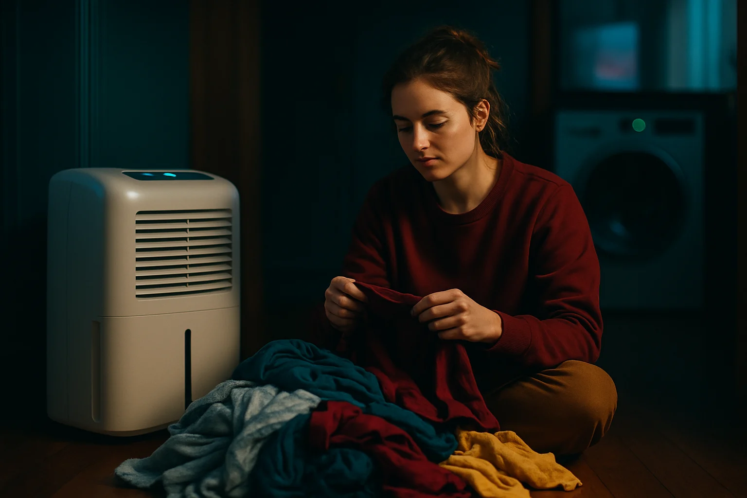 梅雨季節居家除濕機運作中,旁邊堆滿濕衣服等待烘乾