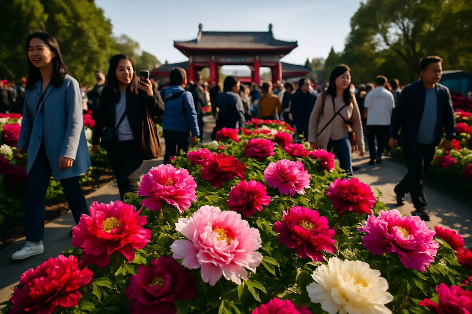 洛阳牡丹文化节开幕式现场，各色牡丹花争相绽放的壮观场面