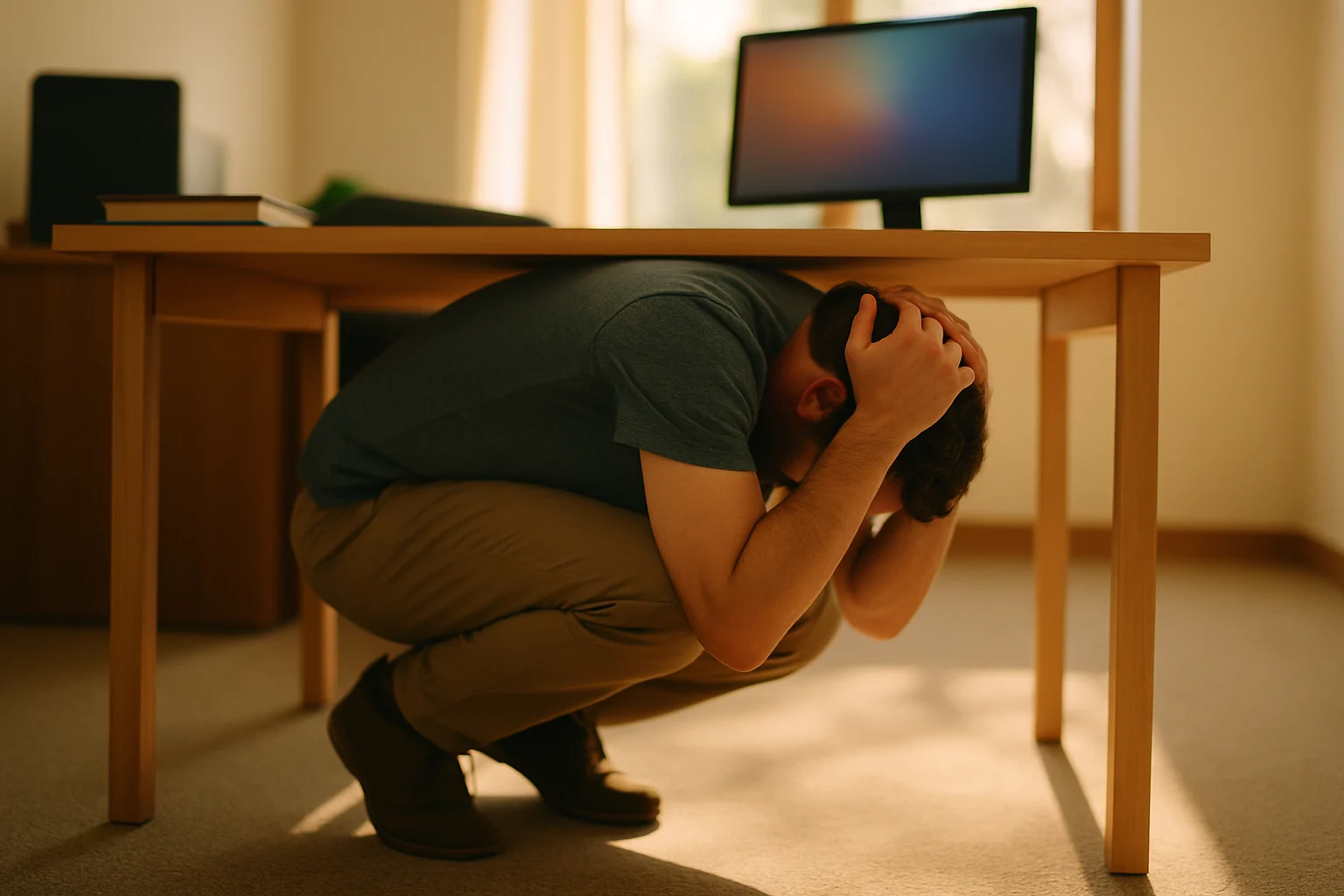 地震自救正确姿势示意图，显示蹲下掩护抓紧的标准动作