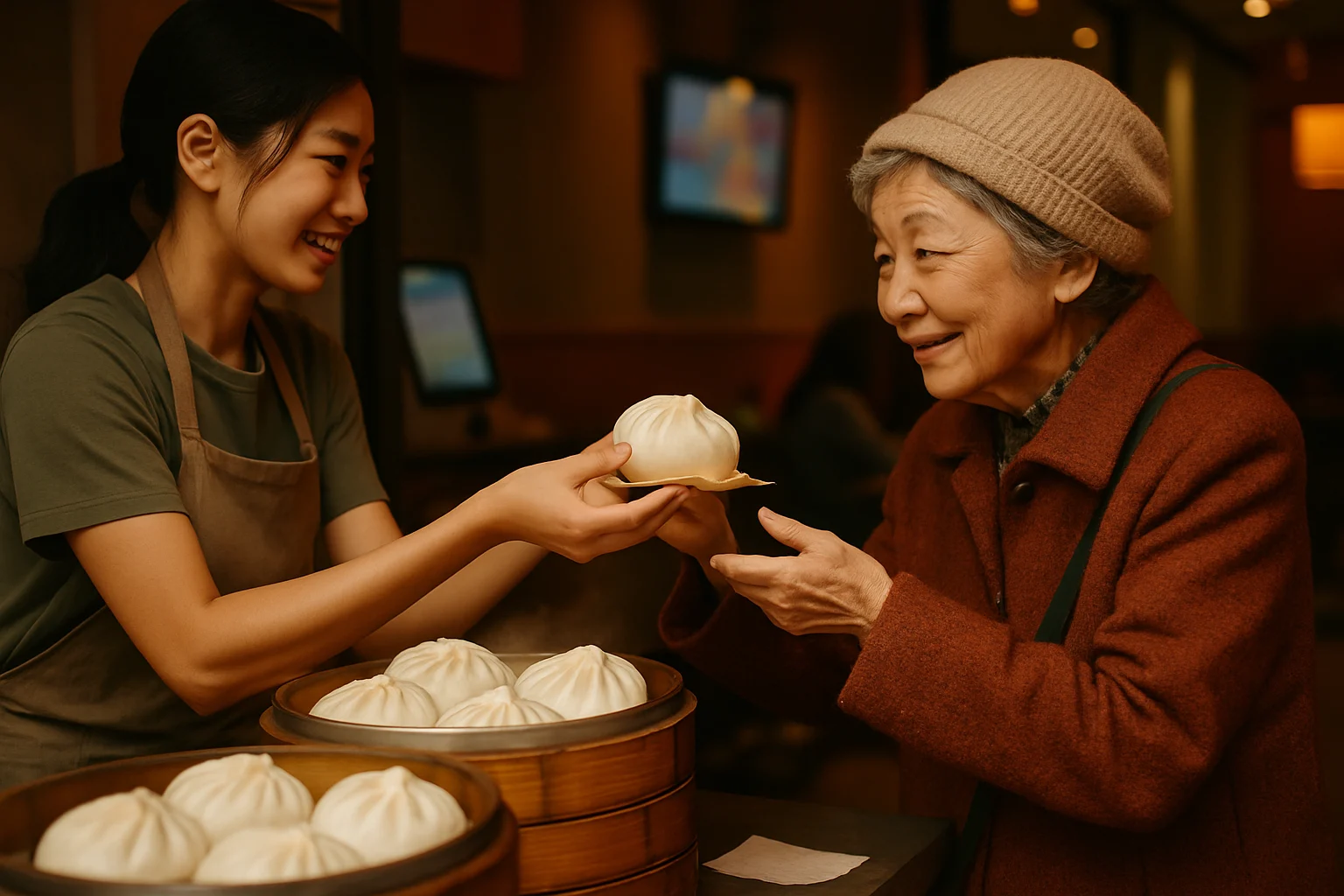 邵宝玲在包子铺与顾客亲切交谈的温馨场面