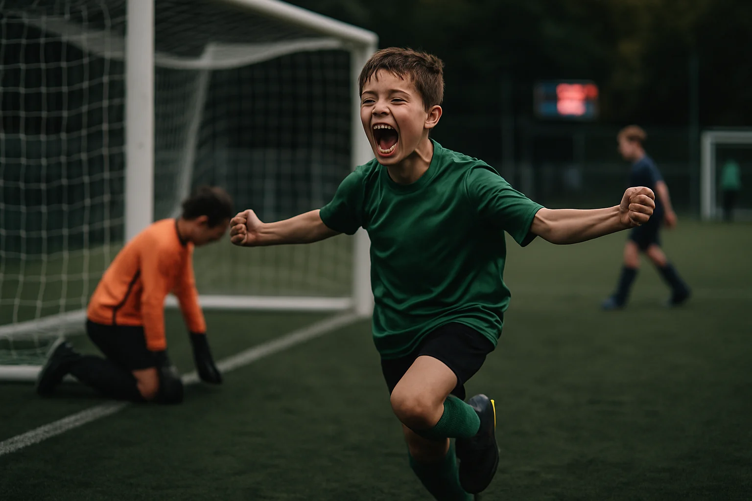 巴塞隆納年輕球員拉明·亞馬爾在歐冠比賽中慶祝進球的場面