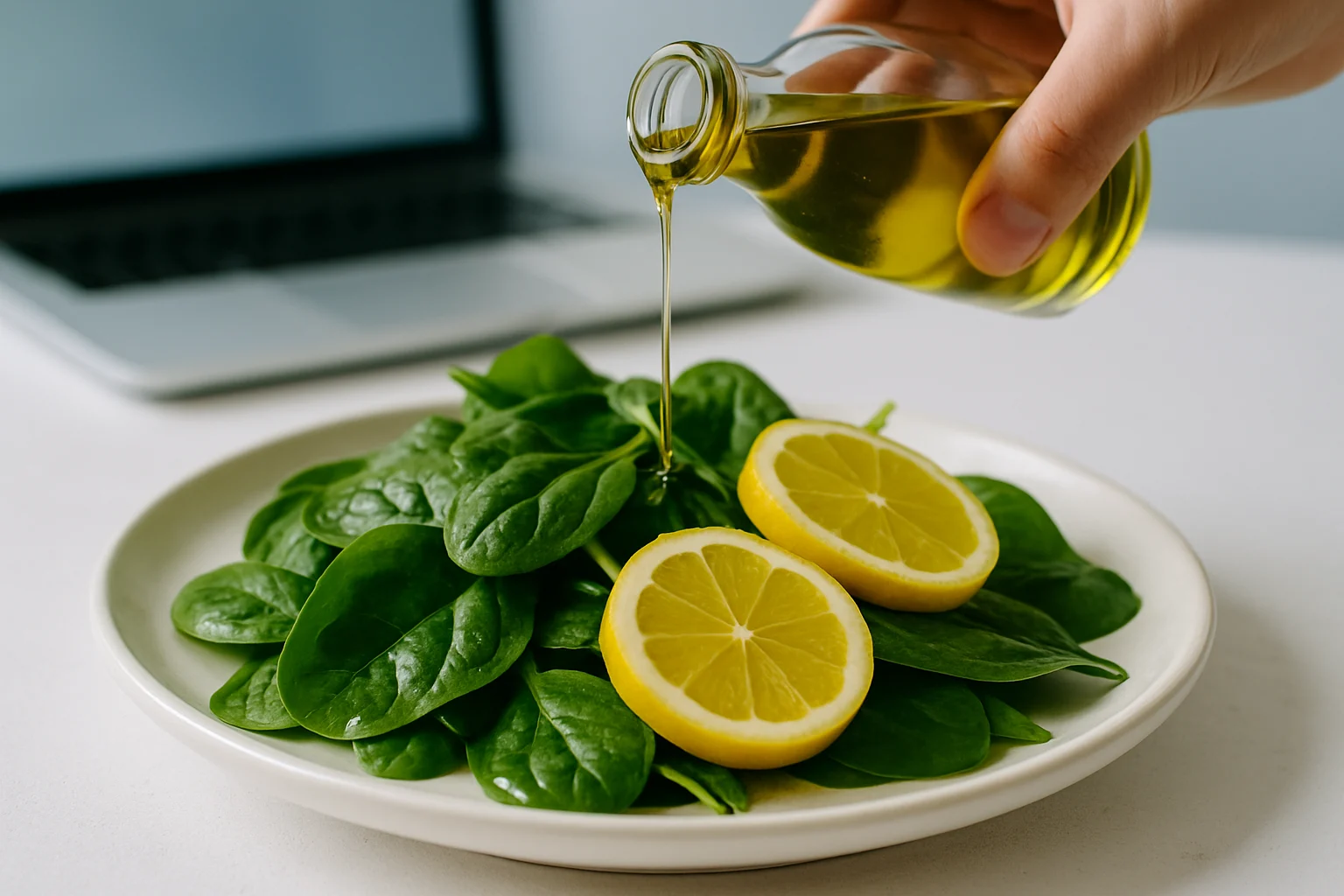 菠菜搭配橄欖油和檸檬片的營養搭配料理