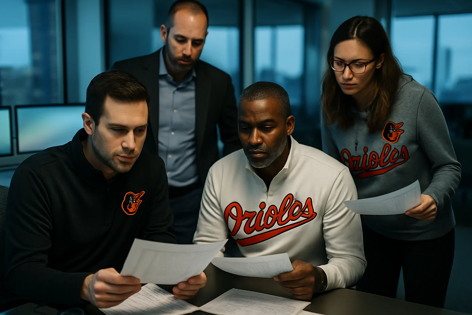 Baltimore Orioles front office executives reviewing trade documents and player statistics