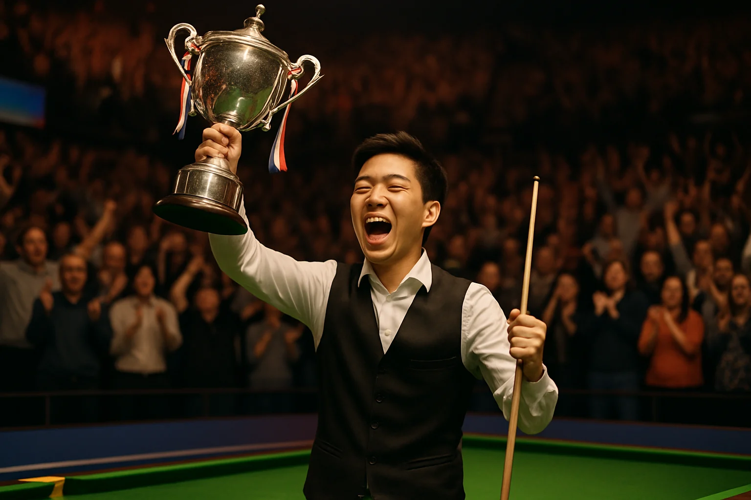 赵心童在斯诺克巡回锦标赛半决赛中庆祝胜利的瞬间