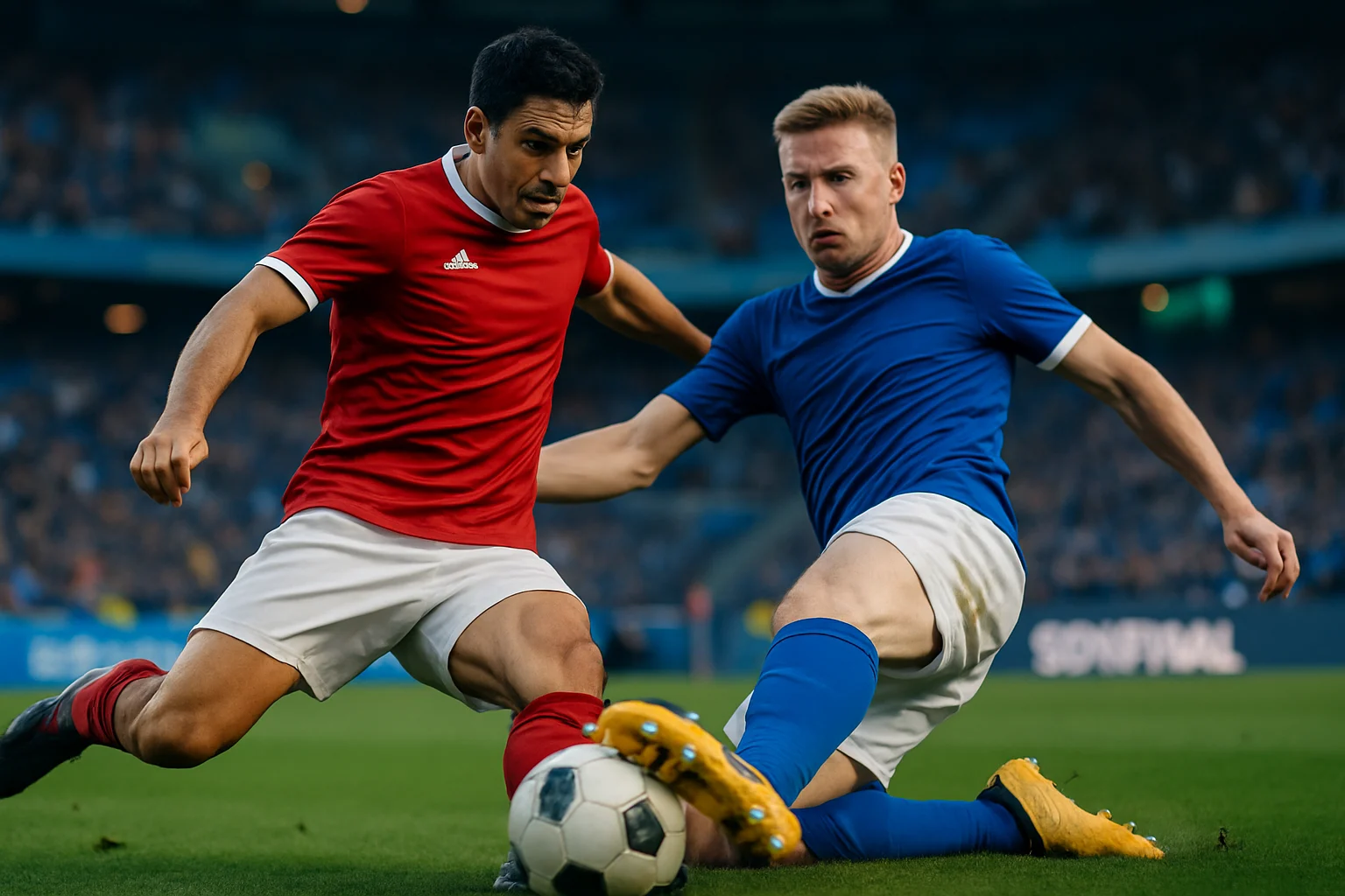 世界盃足球四強準決賽球員在場上激烈拼搶的動作特寫