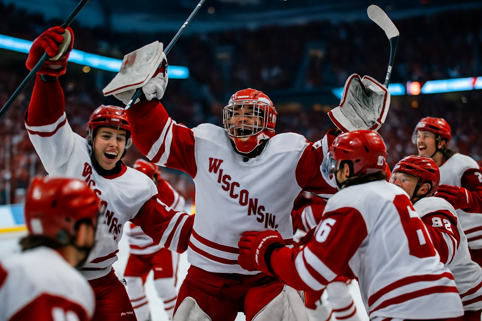 Wisconsin Badgers hockey team celebrating overtime victory against Michigan State in 2026 NCAA tournament regional final