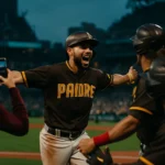 Xander Bogaerts celebrating walk-off grand slam at Petco Park with teammates rushing toward home plate