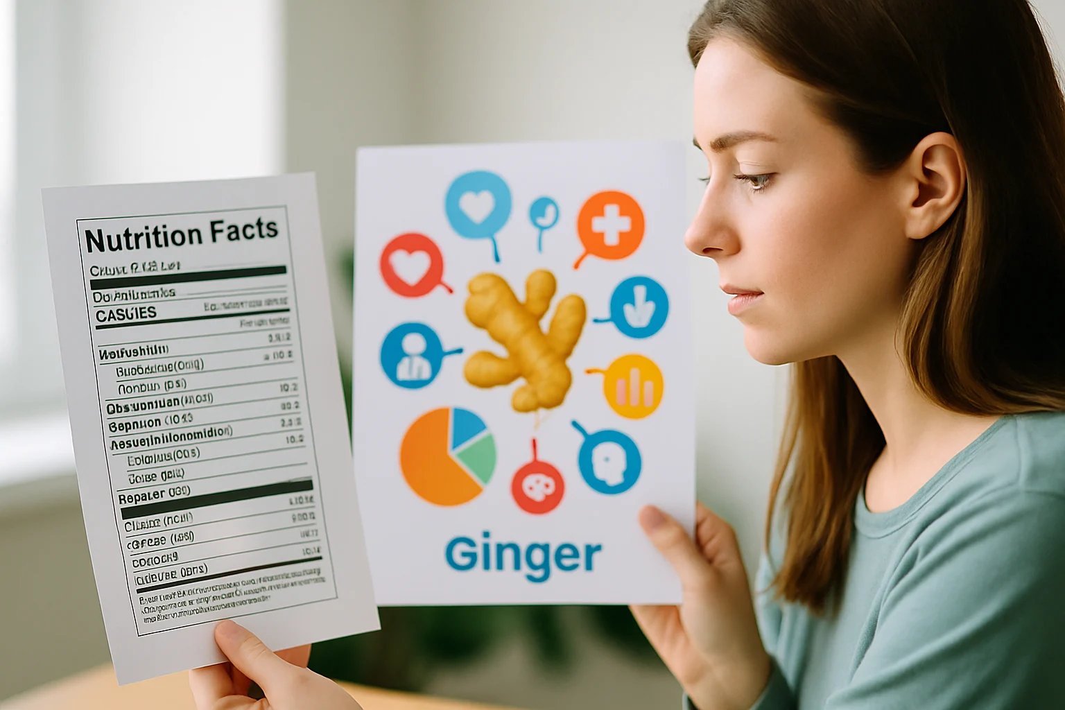 チキンタツタの栄養成分表示ラベルと、生姜の健康効果を示すインフォグラフィック