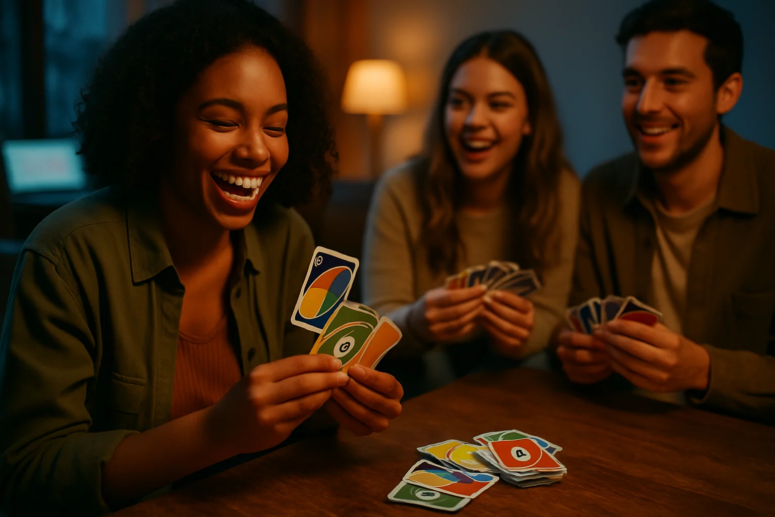 UNO標準版108張牌組攤開在桌面,包含紅黃綠藍四色數字牌、功能牌與黑色萬用牌