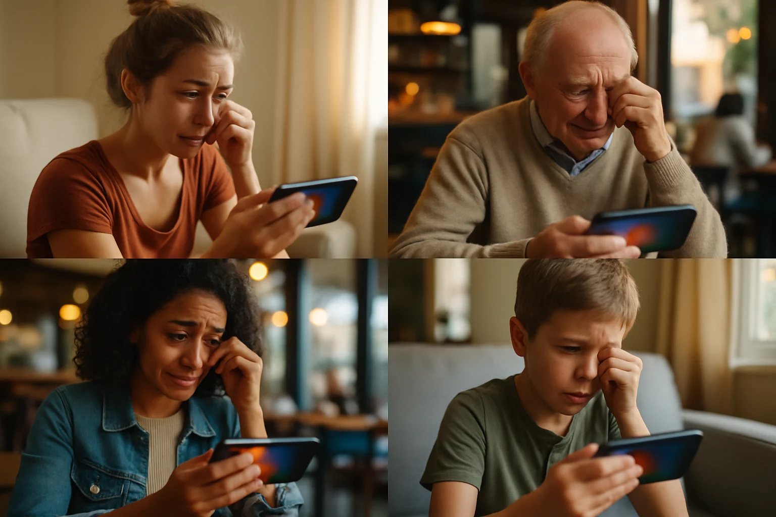 不同年龄段的人在手机上观看视频并感动的场景