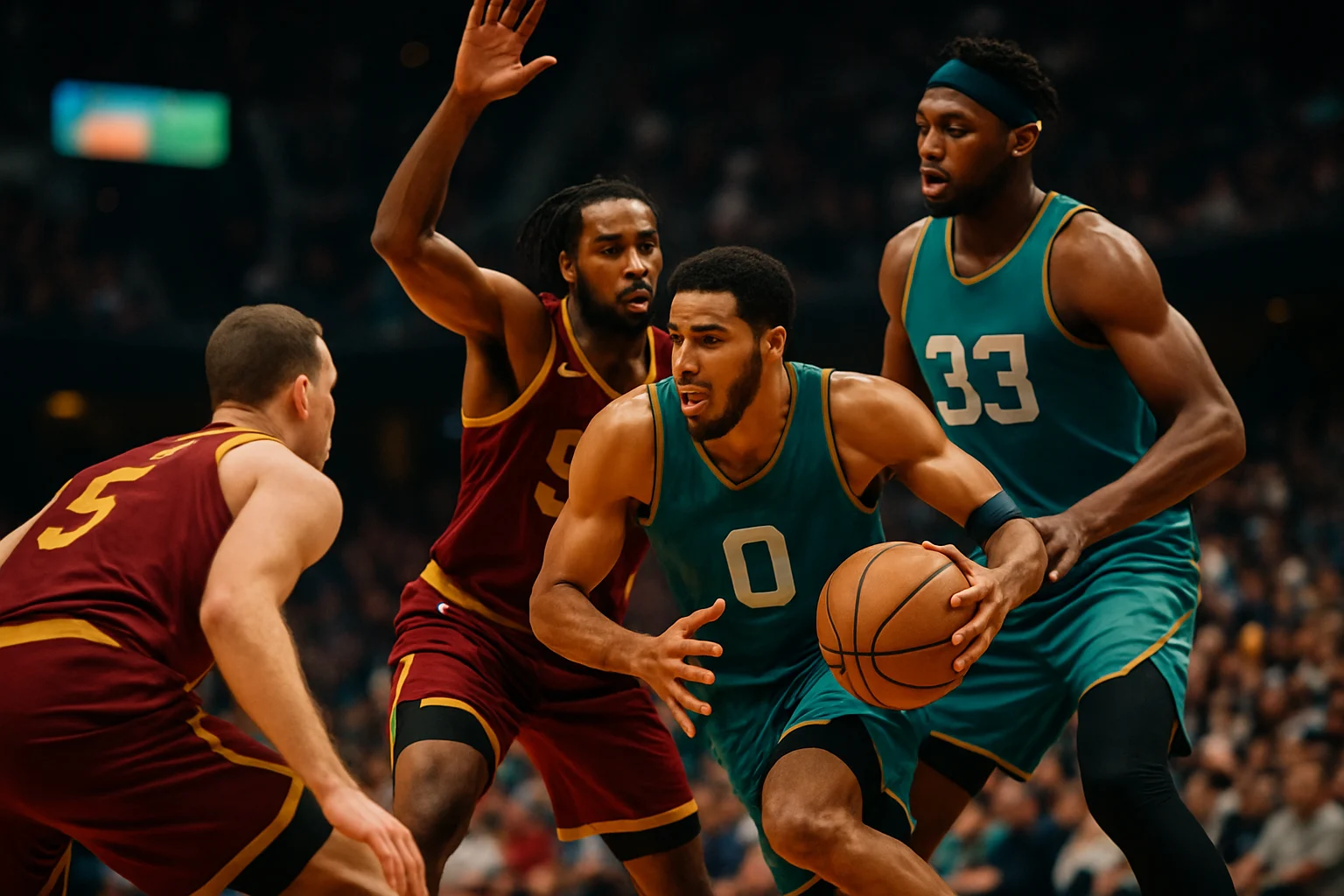 NBA球場內部全景,觀眾席座位分區與球場燈光效果