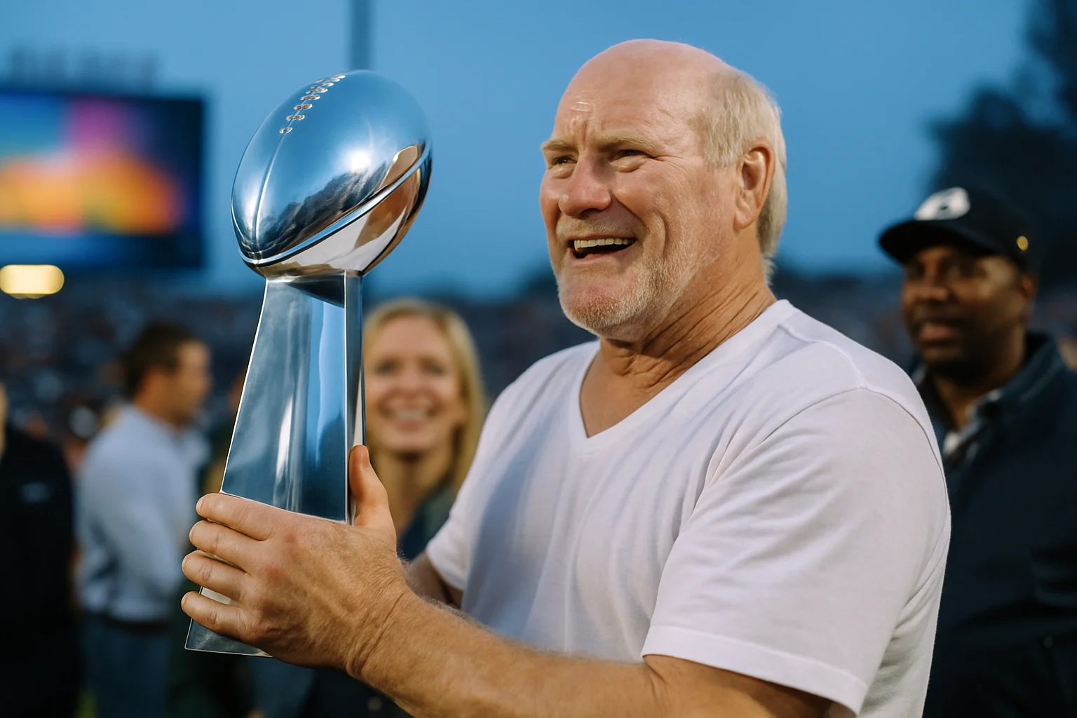 Terry Bradshaw holding the Vince Lombardi Trophy after Super Bowl XIV victory over the Los Angeles Rams in January 1980