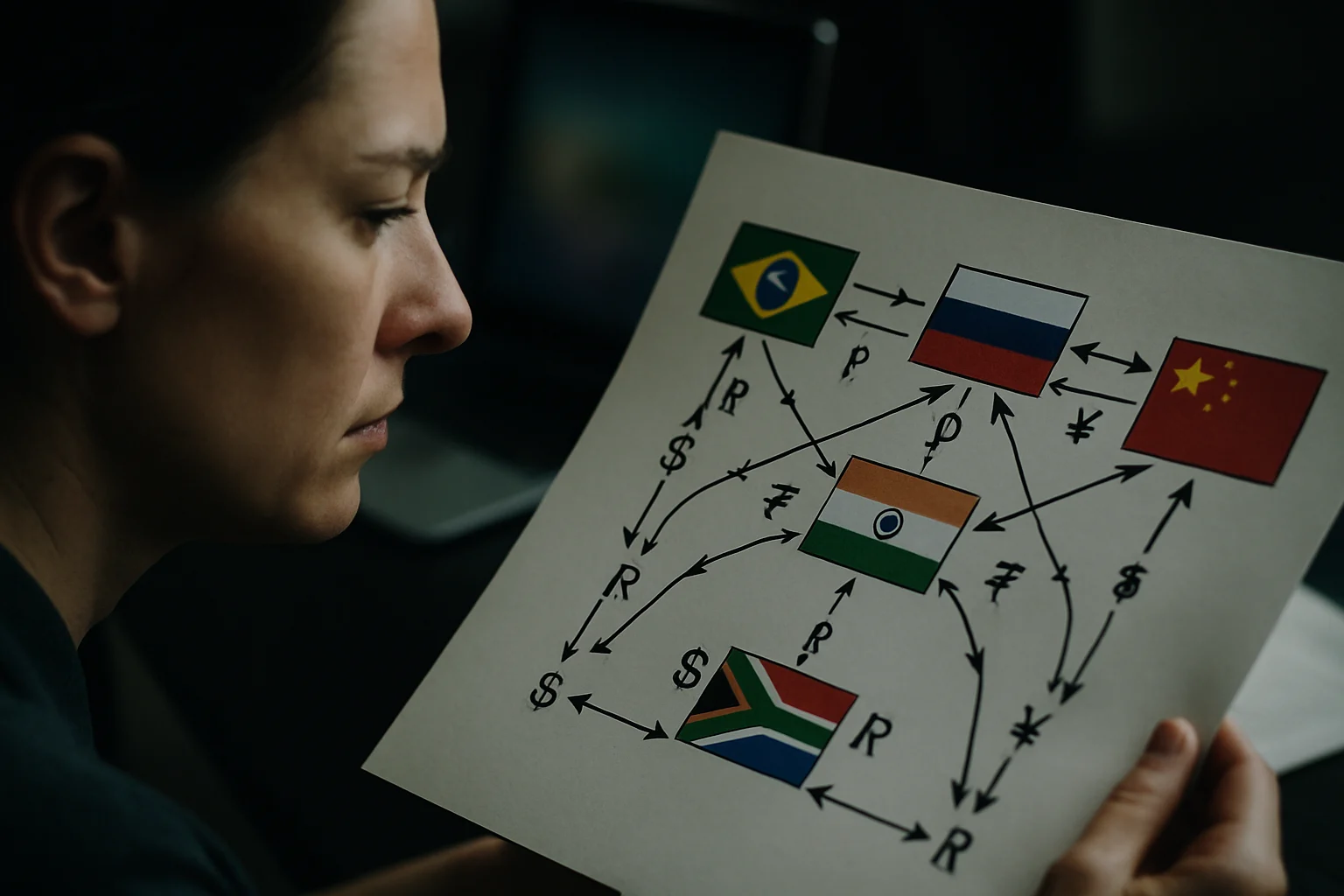 BRICS國家本幣貿易結算網路示意圖，展示去美元化的區域合作模式