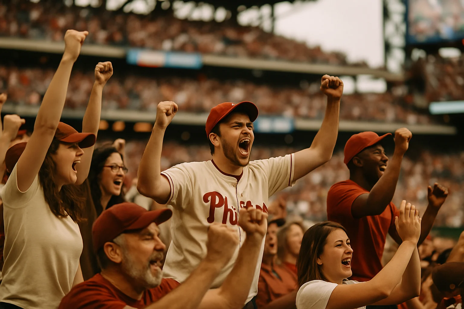 Packed Citizens Bank Park crowd cheering during Cubs vs Phillies game with Philadelphia skyline in background