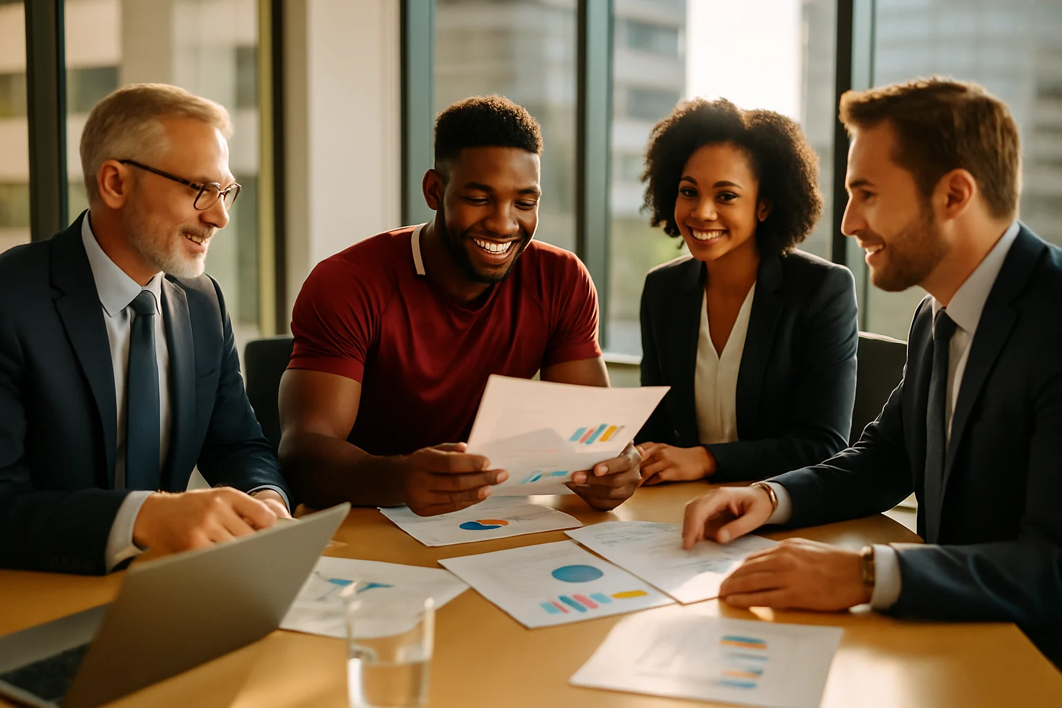 体育明星在专业财务顾问指导下进行投资决策的商务会议场景