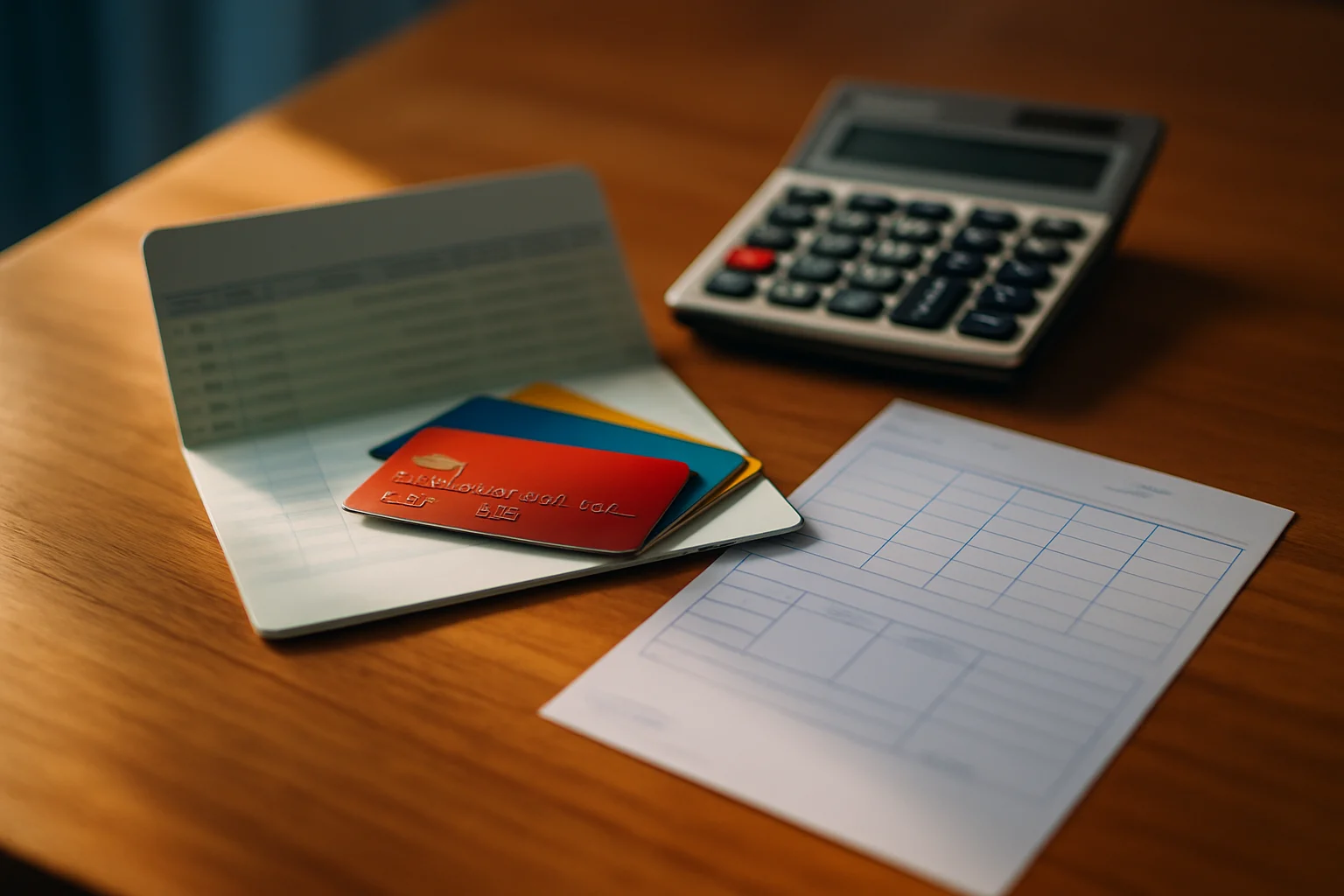 銀行存摺與金融卡放在桌上，旁邊有計算機和存款單據