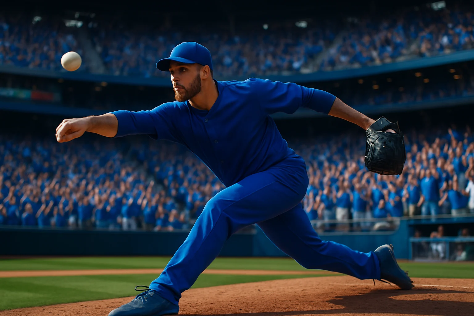 山本由伸在藍鳥主場投球，背景是滿場藍鳥球迷