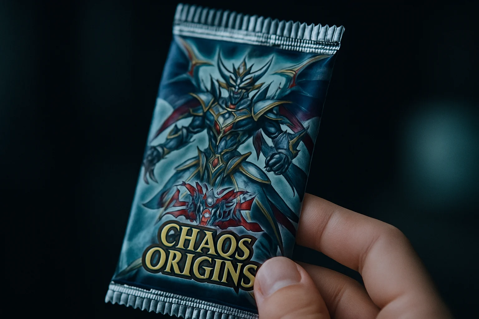 遊戯王OCG CHAOS ORIGINSパッケージと新規カード「怠慢な壺」が並べられた画像