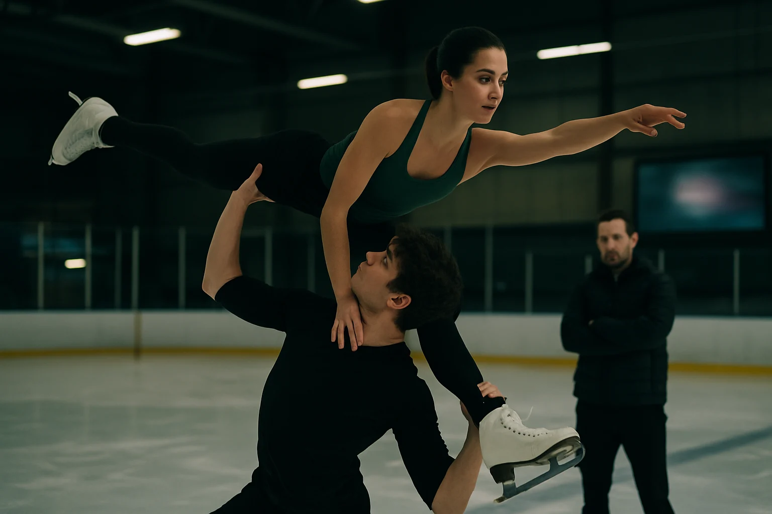 三浦璃来と木原龍一が練習リンクで息の合った演技を披露している様子