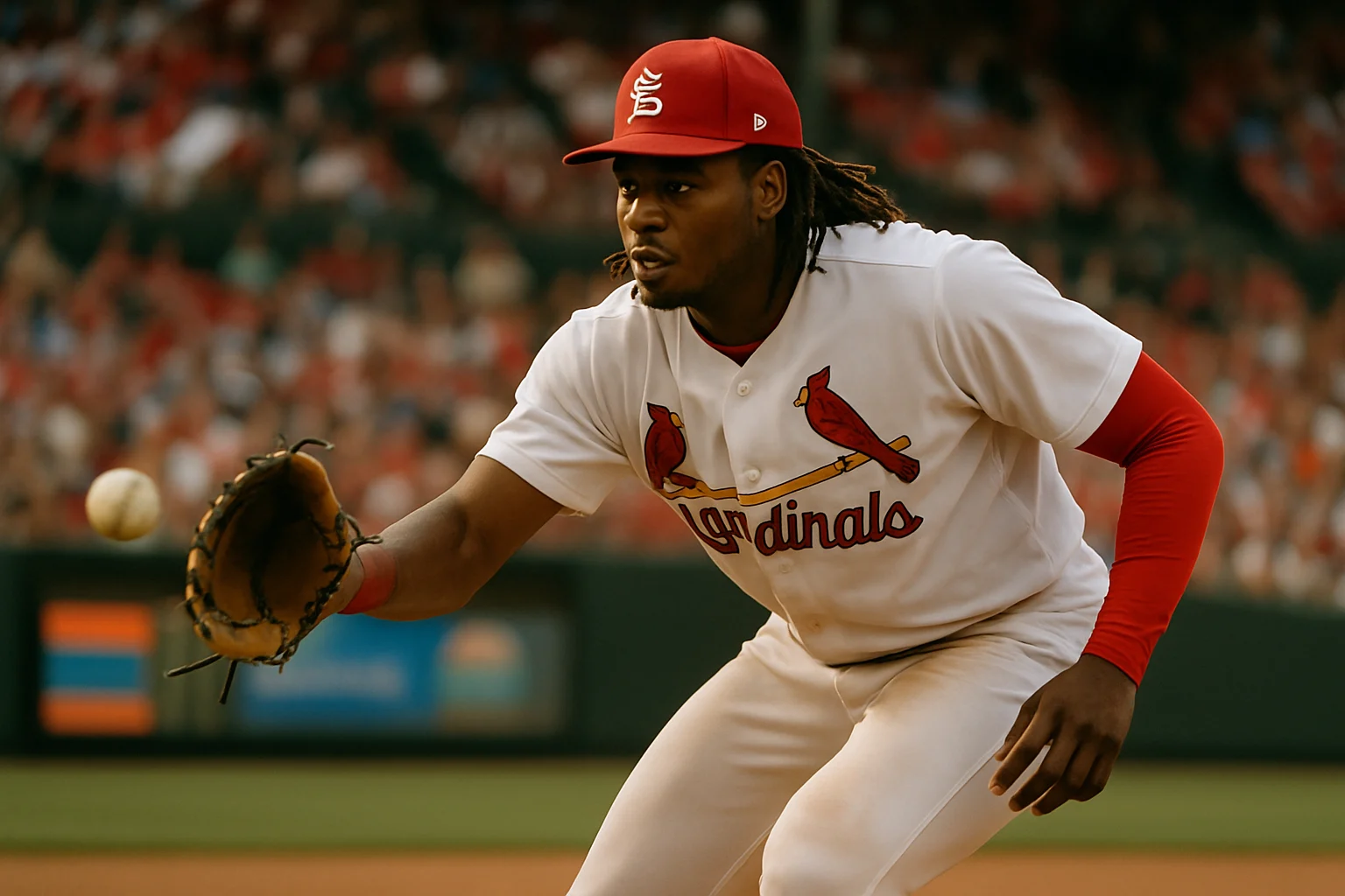 Jordan Walker fielding position in Cardinals right field during defensive play against opposing team