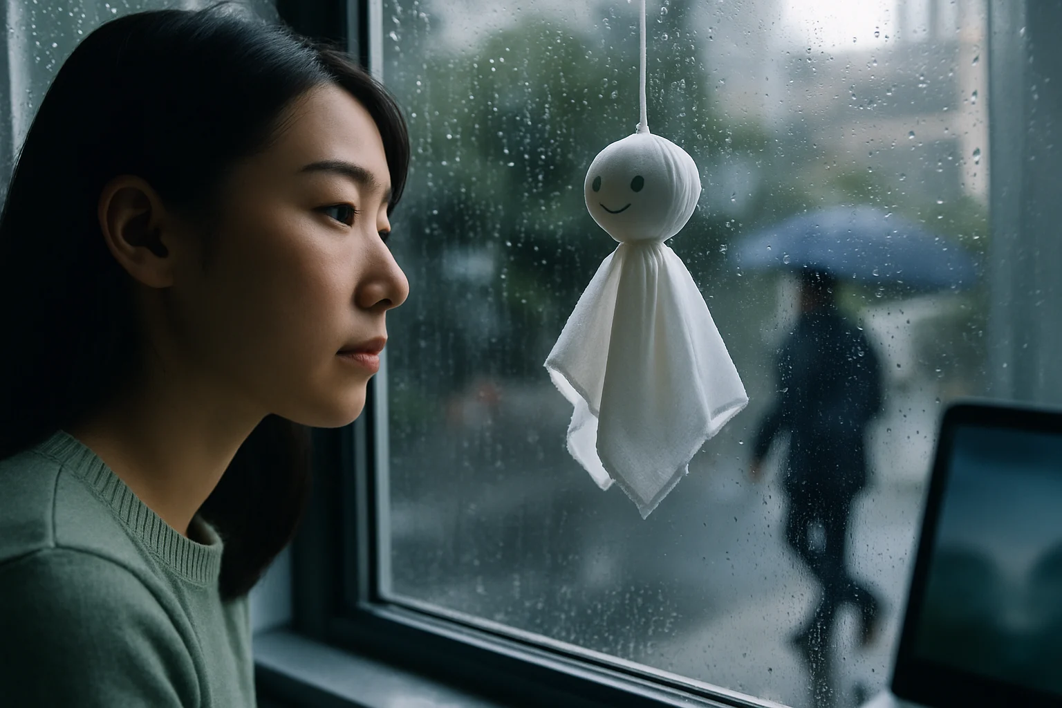 傳統晴天娃娃掛在窗邊,背景是梅雨季的陰雨天空