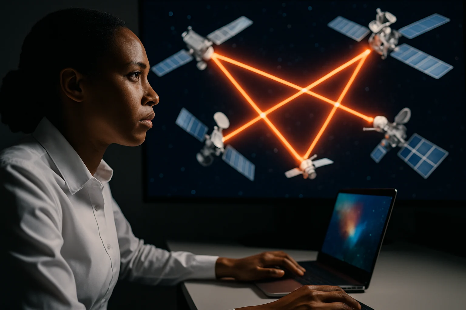 星间激光通信技术示意图，显示卫星间数据传输