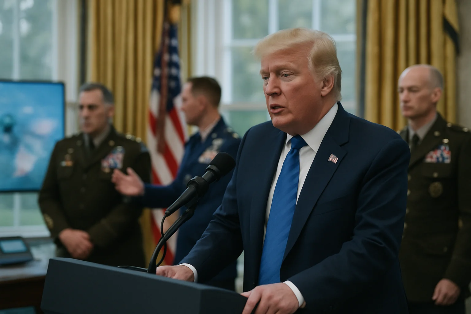 川普記者會直播畫面，顯示總統與軍方高層在橢圓形辦公室討論救援行動