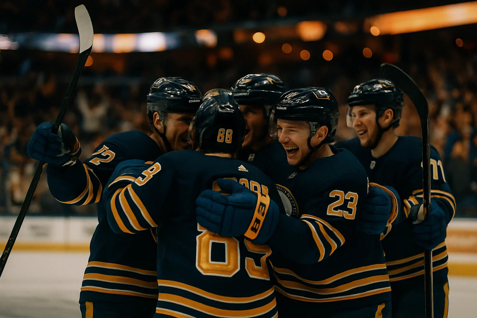 BuffaloSabrespowerplayunitcelebratinggoalagainstBostonBruinsduring2026NHLplayoffsGame4