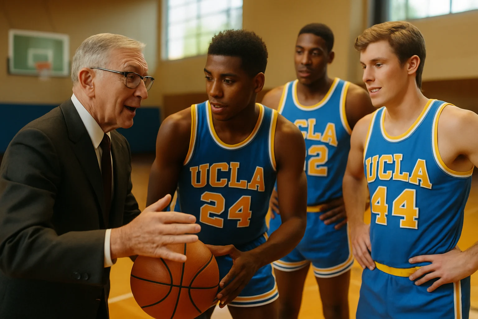 John Wooden teaching UCLA players proper basketball stance and footwork during practice session