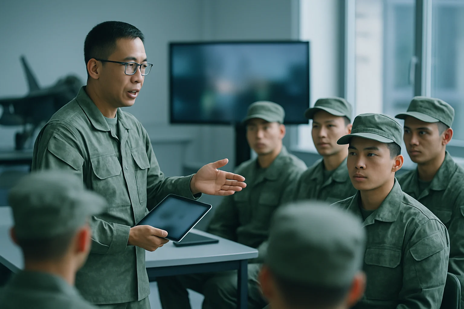 Buổi tập huấn công nghệ quân sự hiện đại cho đội ngũ thiếu tướng với màn hình hiển thị bản đồ tác chiến điện tử