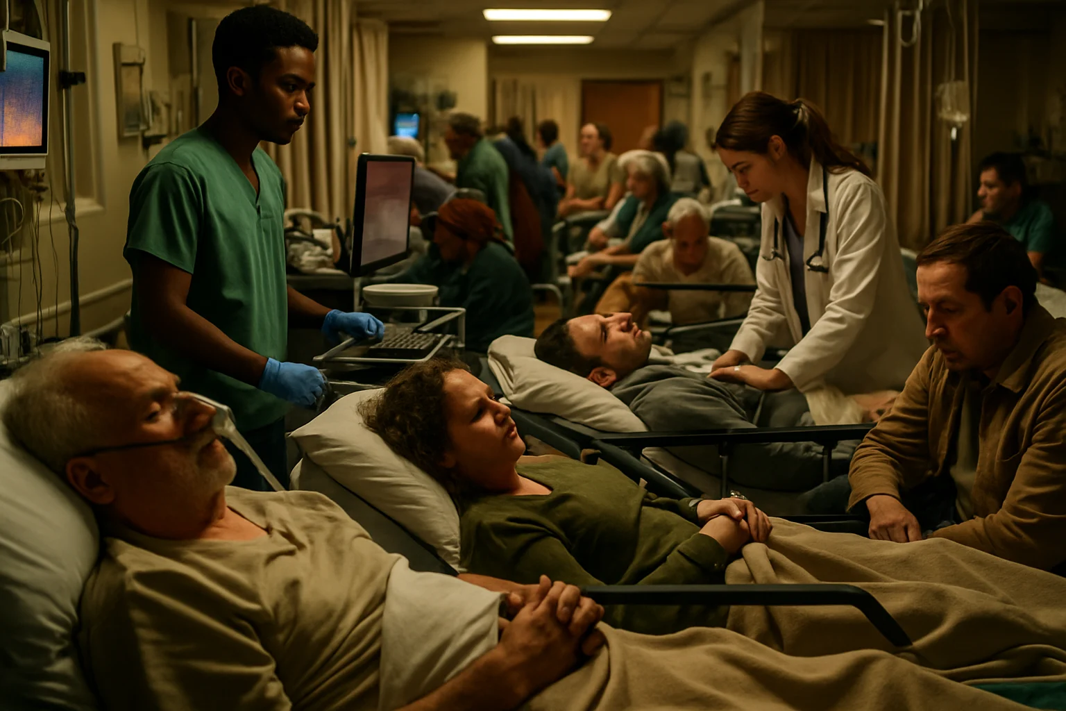 雷暴过后急诊室走廊挤满等待就诊的患者