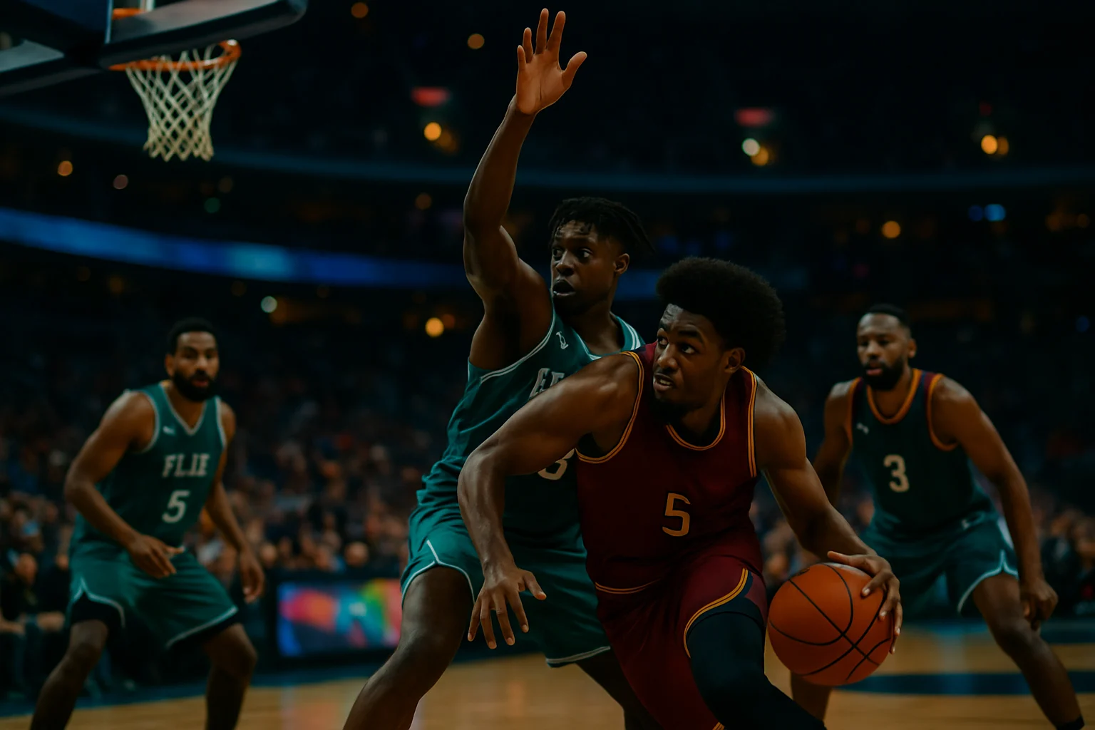 NBA雷霆隊球員在比賽中慶祝得分的場面