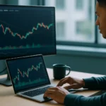 台積電2330股票看板顯示盤中衝上歷史天價的交易室畫面