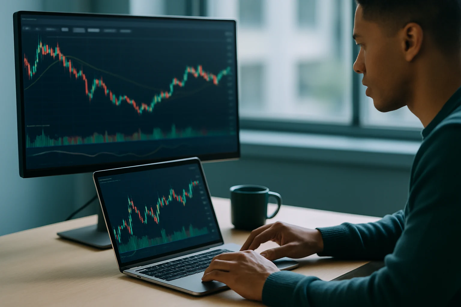 台積電2330股票看板顯示盤中衝上歷史天價的交易室畫面