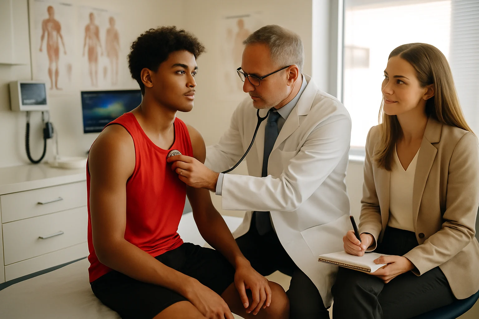年轻运动员进行健康检查和心理咨询的场景