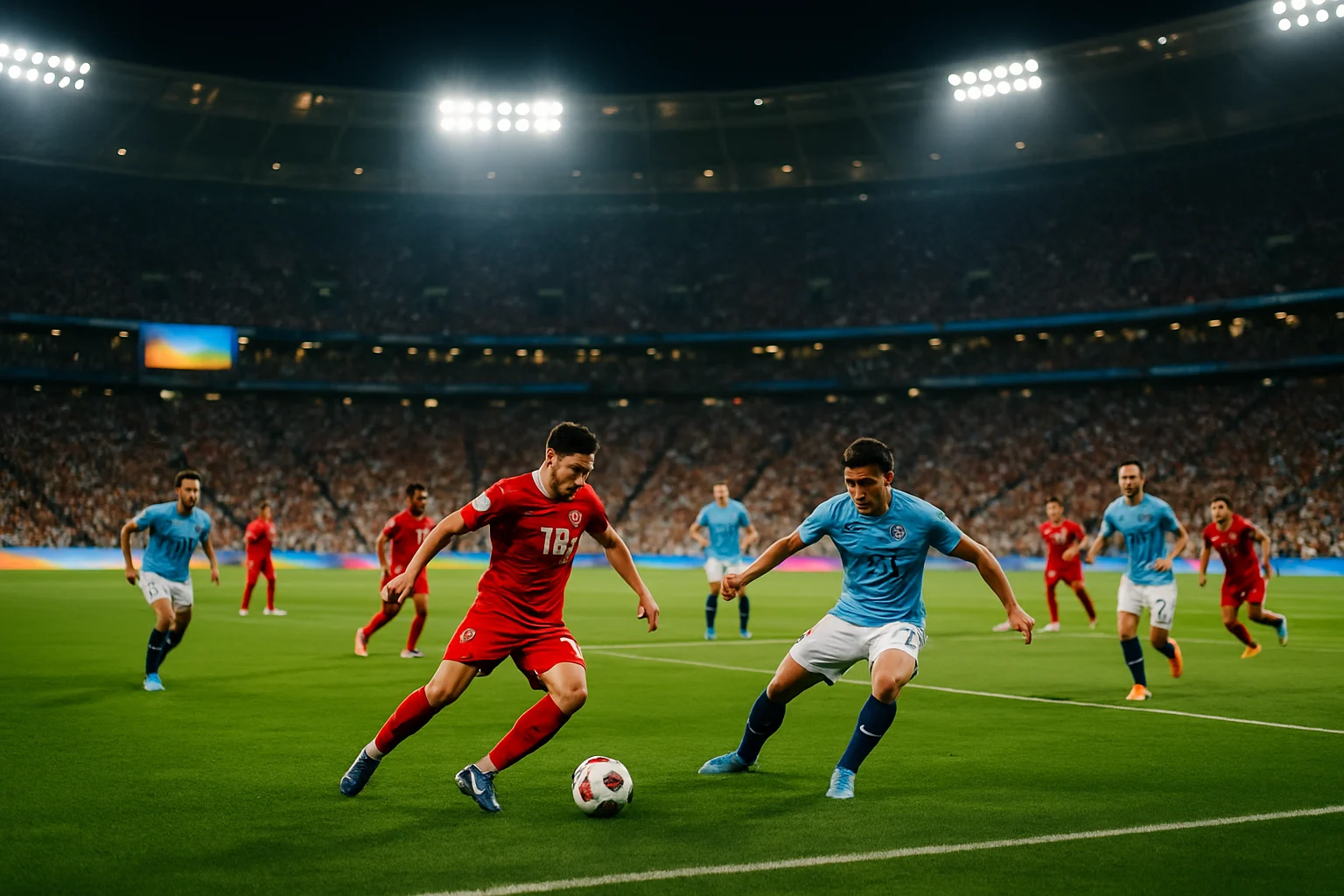 足球場上球員配戴高科技感測器進行比賽,大螢幕顯示即時數據分析